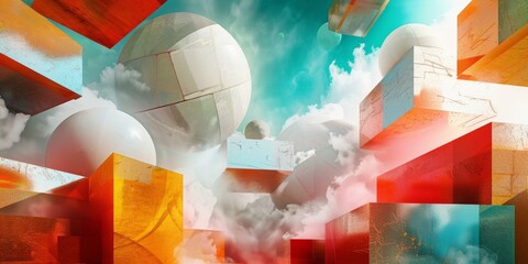 Wall Mural - A colorful cityscape with a blue sky and clouds
