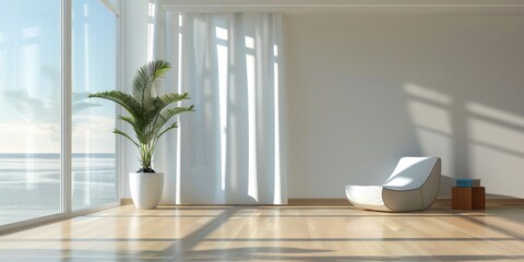 A large white room with a white couch and a potted plant