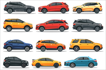 Set of cars in different types, Set of luxury cartoon car in various color, Cars side view, Set of modern cars, Set of luxury vehicles, Vector Modern Car, Car Vector illustration