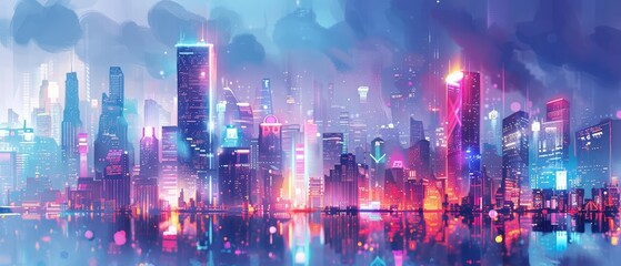 A cute creative cyber minimal charismatic watercolor painting showcases an ultramodern cityscape with twinkling lights