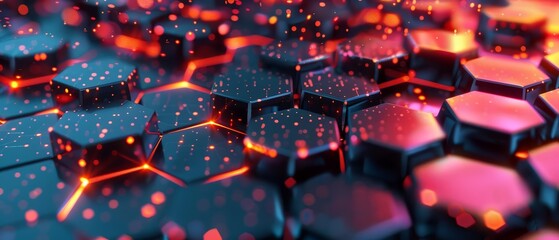 An abstract technology background illustrates a network of hexagonal patterns with vibrant glowing lights, enhancing the futuristic appeal, Sharpen with copy space