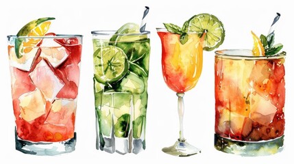 Poster - Hand drawn watercolor summer cocktails isolated on white background 