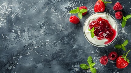 Wall Mural - yougurt with jam for breakfast with ample copy space 