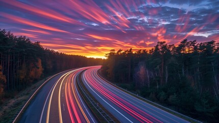 Wall Mural - Stunning Sunset Sky over Long Exposure Highway