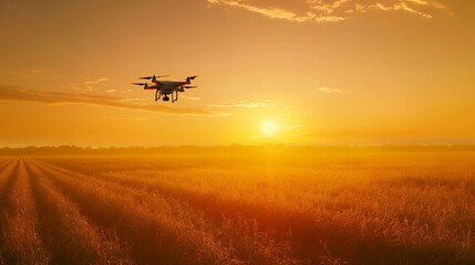 Wall Mural - Drone hovering over cornfield at sunrise for precision agriculture