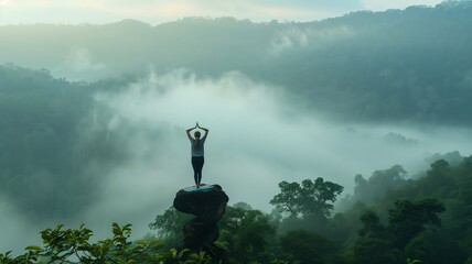 Poster - early morning yoga session on a misty mountain top, tranquil green backdrop 