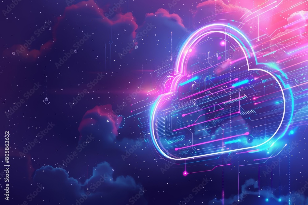 Glowing cloud icon technology concept features an exploded panel with ...