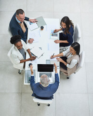 Poster - Top view, business people or collaboration in office meeting for partnership, discussion or corporate deal. Workplace, boardroom or team with documents for agreement, project or working in startup