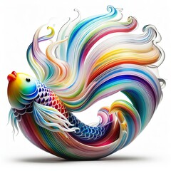 Wall Mural - A stunning blown glass sculpture of a playful, Koi fish with seamlessly blended rainbow colors swirling, white background