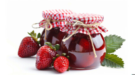 Sticker - homemade strawberry jam jar, gingham lids, isolated on a white background 