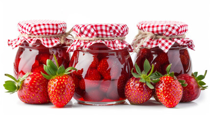 Wall Mural - homemade strawberry jam jar, gingham lids, isolated on a white background 