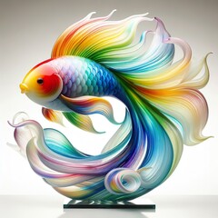 Wall Mural - A stunning blown glass sculpture of a playful, Koi fish with seamlessly blended rainbow colors swirling, white background
