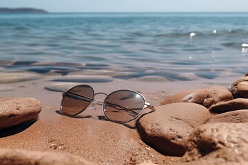 A pair of sunglasses is laying on the beach. The beach is rocky and the water is calm