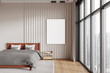 Panoramic gray master bedroom interior with poster