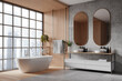 A modern bathroom interior with bathtub, twin sinks, wooden accents against a city view backdrop, highlighting spacious and luxury design. 3D Rendering