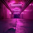 Neon purple lights illuminate a scifi tunnel where the Eternal Voyager discovers a high security vault door, colorful Strange Bizarre sharpen blur background with copy space
