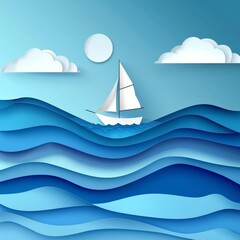 Sail across the abstract paper art of a summer seascape