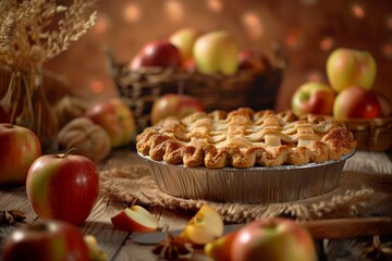 Sticker - rustic apple pie and fresh apples isolated on a brown gradient background 