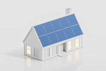 Wall Mural - Top view of home with solar panels on the roof, alternative energy