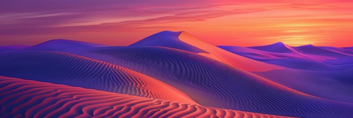 Poster - Sunrise paints unusual fractal patterns on undulating desert sand dunes with a vibrant orange and purple gradient sky as backdrop 