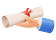 Hand holding paper scroll, tied with red ribbon, diploma graduation, certificate or license. Receiving college or university diploma, graduation ceremony. 3d realistic isolated vector illustration