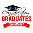 Template of congratulations graduates class of 2024, with 3d realistic graduation cap, volumetric red ribbon and congrats text for high school, university or college graduation. Vector illustration