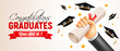 Congratulations Graduates. Celebration banner with a hand holding a diploma and raised up, square academic graduation caps thrown up on the beige background with place for text. Vector illustration