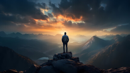 Wall Mural - A man stands on the top of the mountain and looks at the mountains in the distance