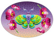 A stained glass illustration with a cute moth and orchid flowers on a blue sky background