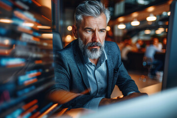 Blurred motion shot of mature businessman using a computer at work in a busy office.