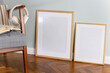 Home interior blank picture frames mockup, room in light pastel colors, Scandinavian style interior background