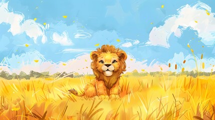 Wall Mural - A cheerful lion cub basks in the golden savannah sunshine