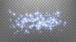 Blue magic sparks and dust stars. Blue glow flare light effect. Christmas light effect. Vector particles on transparent background.
