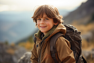 Little brunette kid at outdoors with mountaineer backpack