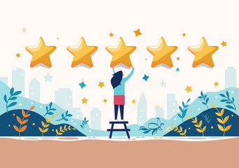 Satisfied Customer Giving Five Star Feedback Review - Excellent Rating Concept Illustration