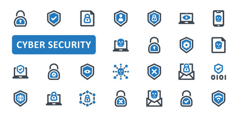 Wall Mural - Cyber security icon set. data, protection, secured, network, hacker, crime, encryption, virus, warning, internet, hacking, computer, laptop. Blue Solid icons. Vector illustration