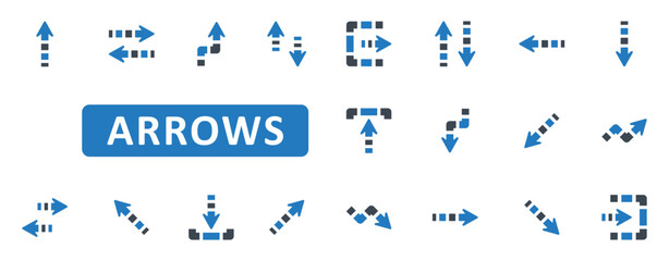 Wall Mural - Arrows Icon Set. arrow, direction, up, down, left, right, next, back, return, previous, transfer, go, forward, upload, download, exchange. Blue Solid icons. Vector illustration