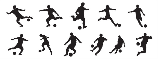 Wall Mural - Silhouette of football player boy kicking ball, children game of soccer. Vector illustration