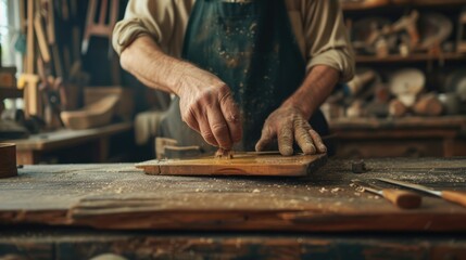 Wall Mural - A man wearing a hat is skillfully crafting a piece of hardwood in his workshop, creating a beautiful art piece. AIG41