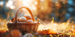 basket full of mushrooms in the sun's rays in an autumn light forest, the concept of autumn, autumn hobbies, mushroom picking with copyspace for text