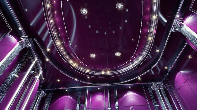 Rich plum-colored ceiling adorned with silver details, illuminated for a luxurious effect.