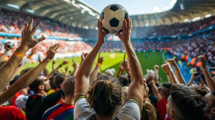 Soccer fan holds up a ball amidst a cheering crowd in a vibrant stadium ambiance