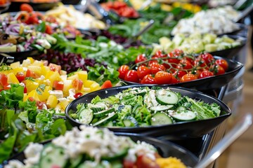 Wall Mural - Fresh salad buffet display at catered event, healthy options, colorful greens for dining celebration