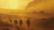 Silhouetted soldiers trudge through a desert, a mystical city looms in the sunset haze.