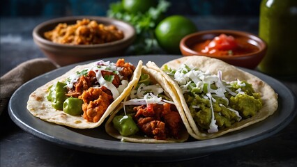 Mexican Eating Gordita De Chicharron In Green Sauce And Red Sauce.
