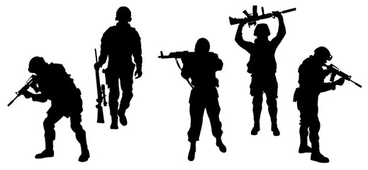 Wall Mural - Silhouette of a male soldier carrying machine gun weapon.