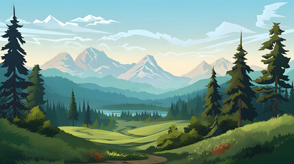 mountains,sky and green grass illustration of a landscape with background,Generative Ai