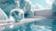 Transparent crystal ( glass ) sphere on the edge of the pool, abstract 3d rendering