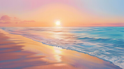 Wall Mural - vibrant summer sunset at the beach, focus on the glowing sun low on the horizon, soft pastel colors, realistic style