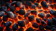 Barbecue grill and flaming coal. Close-up. Top view. Wide coal fire banner.